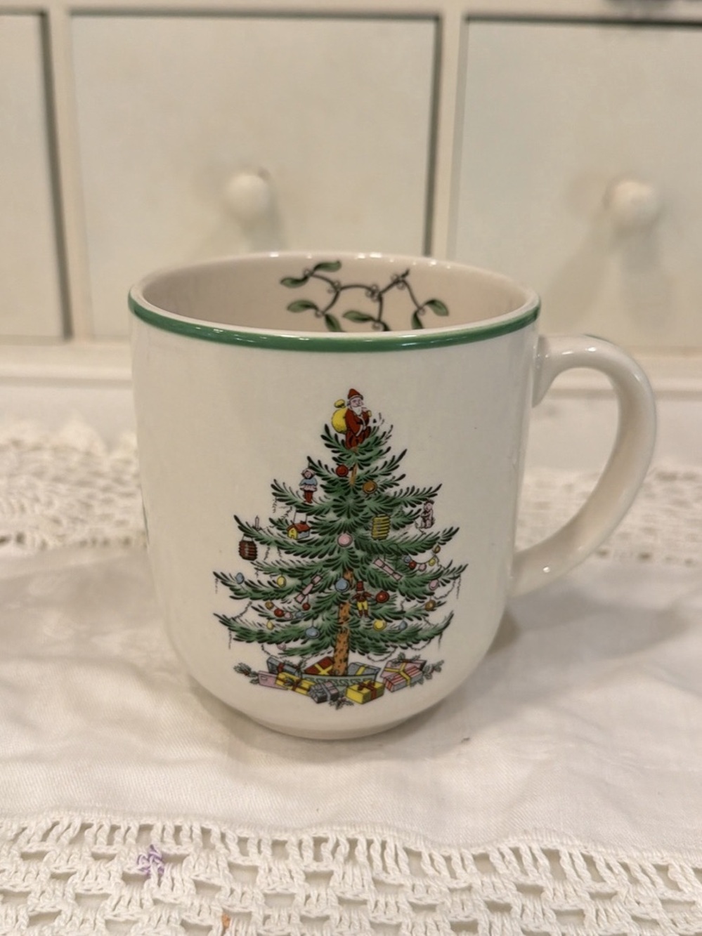 Spode Christmas Tree Ceramic Mug - White with Green Trim